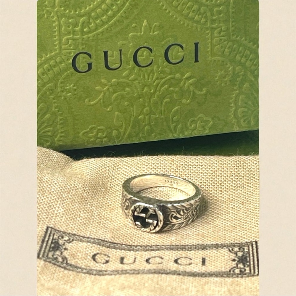Gucci Arabesque Sterling Silver 925 Interlocking GG Ring –Size 5.5 W box & bag